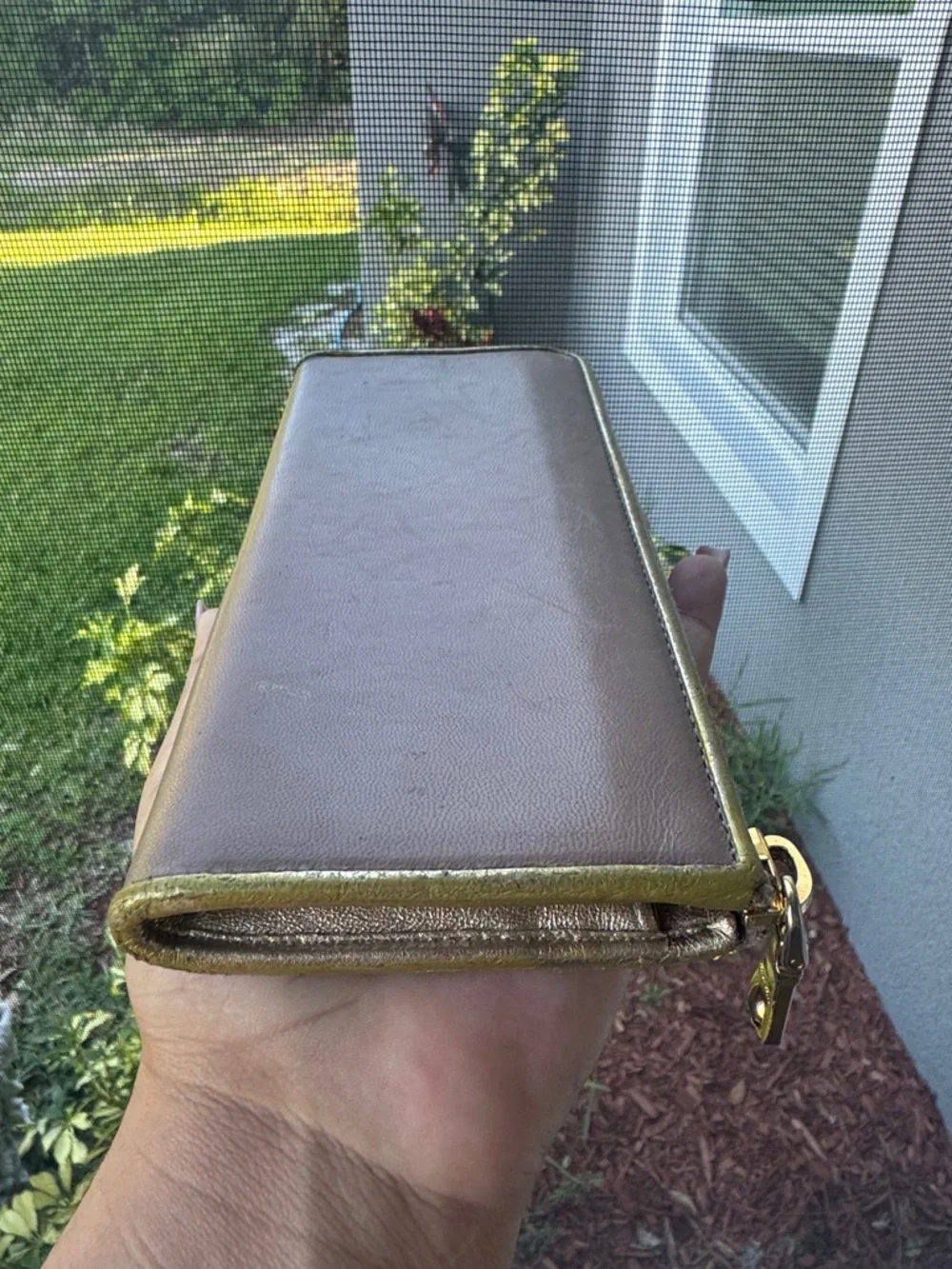 Miu Miu tan Leather Zip Wallet with Gold interior